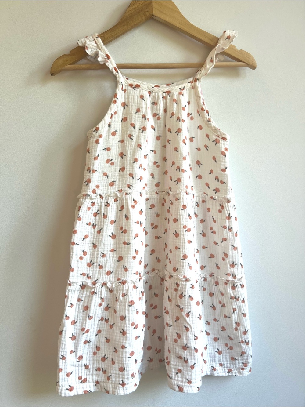Girls' White Cotton Gauze Tiered Sundress with Coral Peaches Print Size 6x